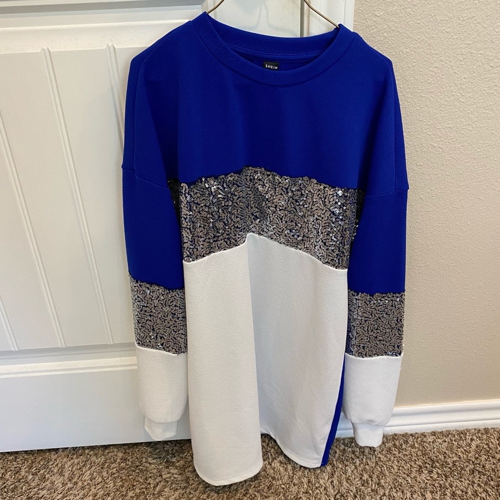 Shein contrast sequin panel colorblock longline pullover (XS)
